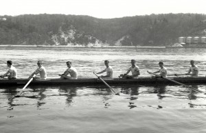  Stony Brook crew, 1962, rowing in Port Jefferson Harbor