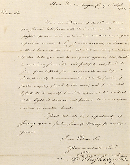 Letter, George Washington to Benjamin Tallmadge. September 16, 1780.