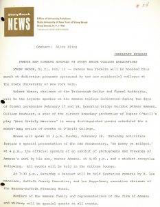 SBU press release announcing the dedications of Ammann and O'Neill Colleges (dormitories), February 1968.