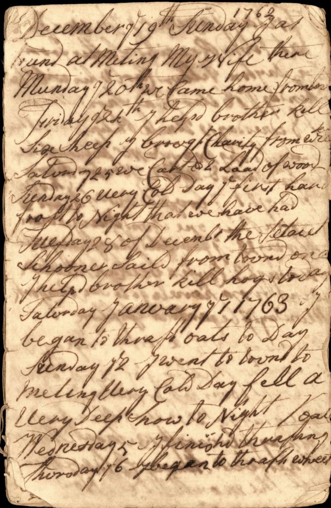 Page from the diary of Ebenzer Miller, 1762-1768. From the Samuel Hopkins Miller Collection, Special Collections, SBU Libraries.