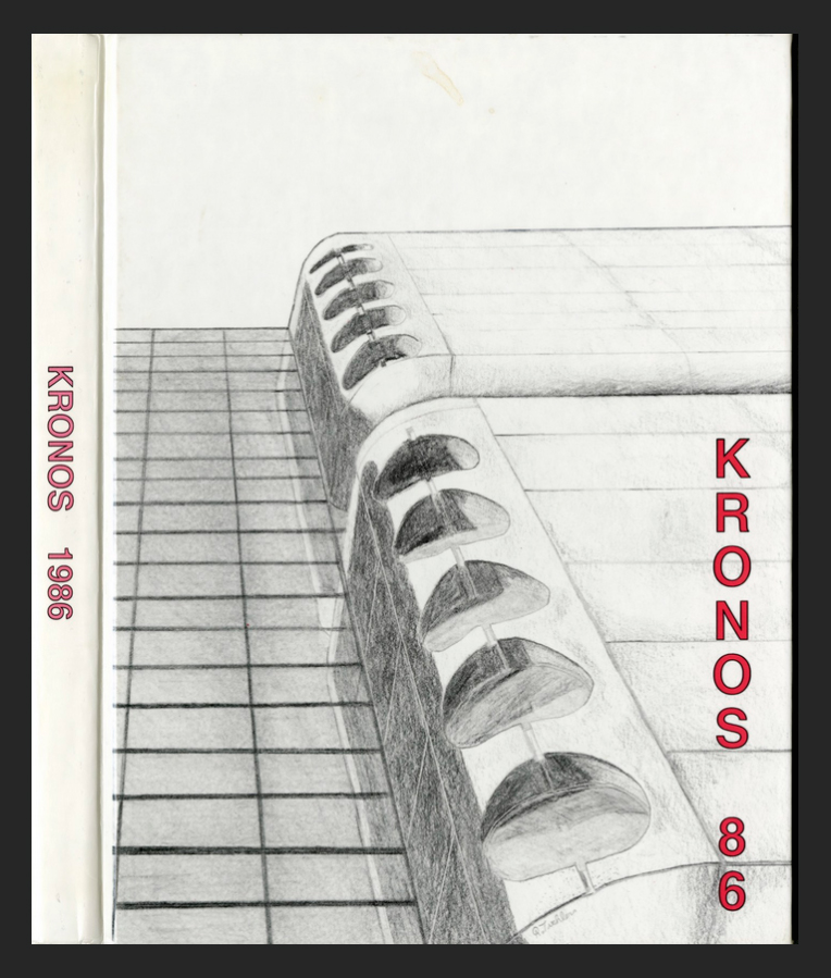 This image shows the cover of the Kronos yearbook from 1986. A pencil drawing of the corner of one of the health science buildings displaying the science fiction type architecture in which the name Kronos is derived.