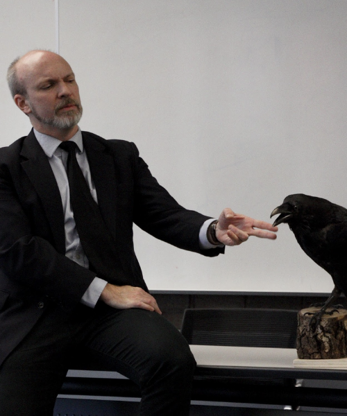 Man putting his fingers under stuffed crow's beak